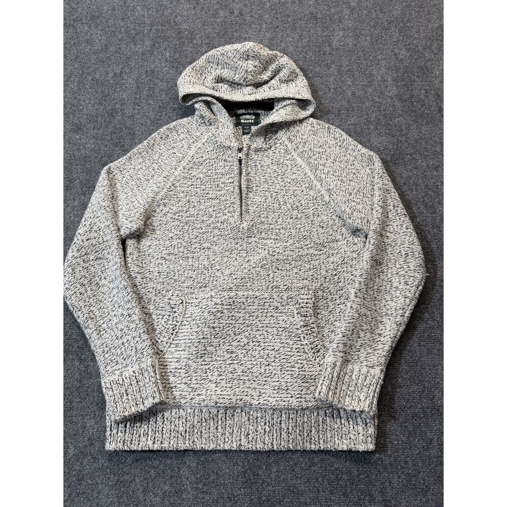 Roots Mens M Salt Pepper Knit Hoodie Sweater 1/4 Zip Cotton Blend Canada Style